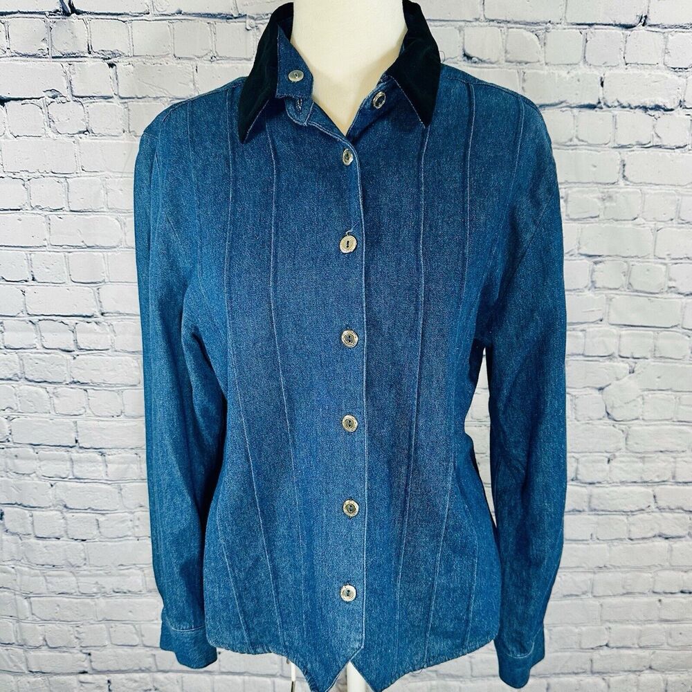 Vtg Napa Valley Petite Denim/black Velvet LS Western Blouse Sz S